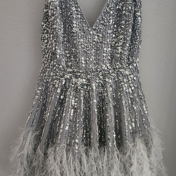 NWT ASOS Size 4 US Sequin Cami Mini Dress with Faux Feather Hem in Ice Blue - Picture 9 of 15